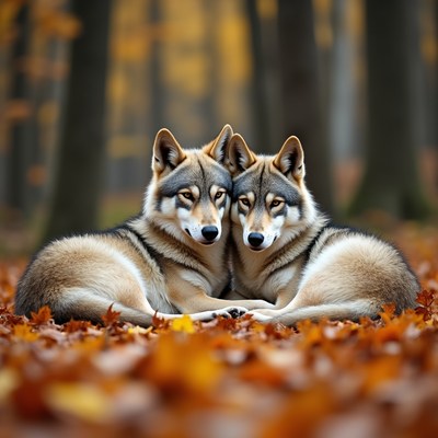 Two wolves sitting in autumn forest