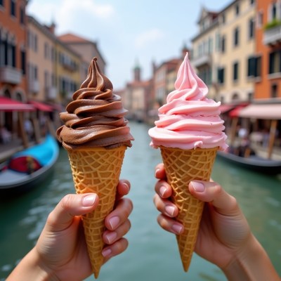 Hands Holding Chocolate and Pink Ice Cream Cones Venice