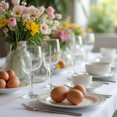 Easter Breakfast Table with Eggs and Tulips
