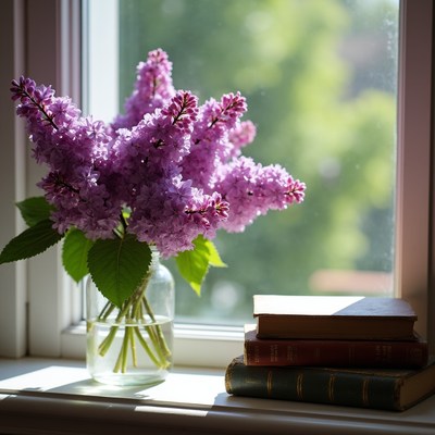 Lilac Flowers in Vase on Windowsill