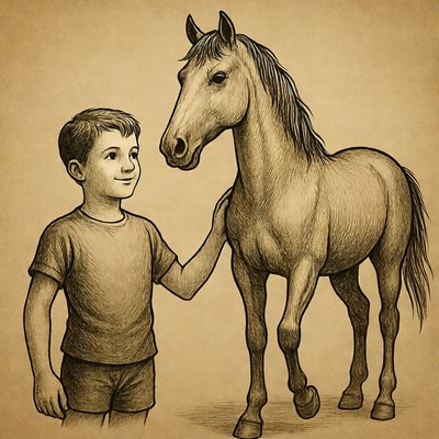 Boy petting horse illustration