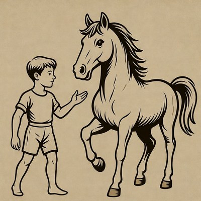 Boy interacting with horse illustration