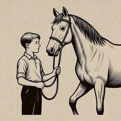 Boy leading horse illustration