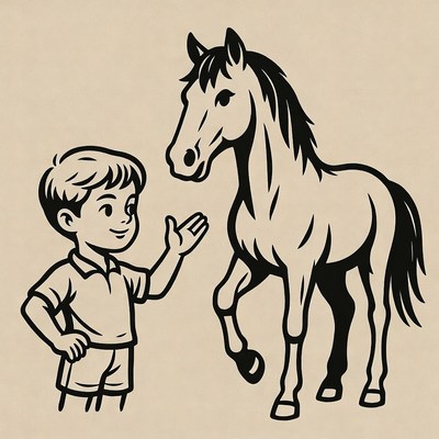 Boy waving to horse