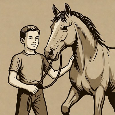 Boy leading horse with leash