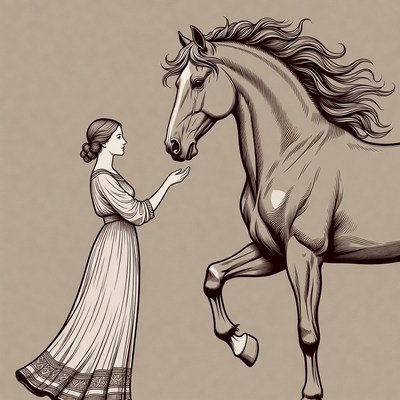 Woman reaching out to rearing horse