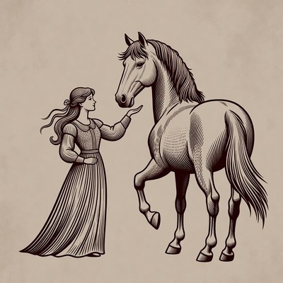 Woman petting horse illustration