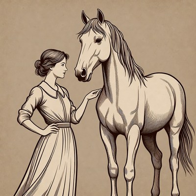 Woman petting horse illustration