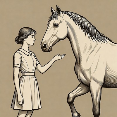 Woman petting horse illustration