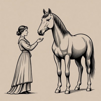 Woman feeding horse illustration