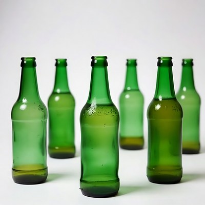 Six green glass bottles