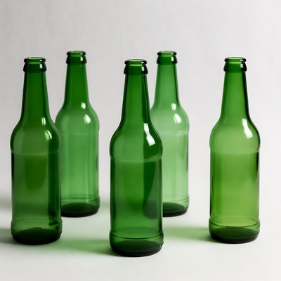 Six green glass bottles