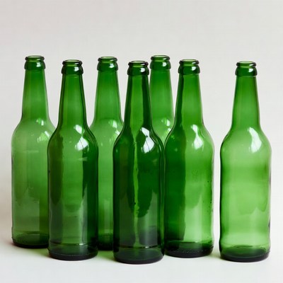 Green Glass Bottles on White Background