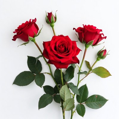 Red Roses with Buds on White