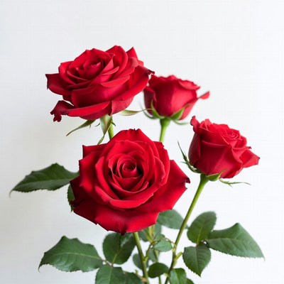 Four Red Roses on White Background