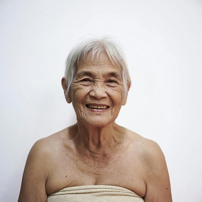 Elderly Asian woman smiling with towel