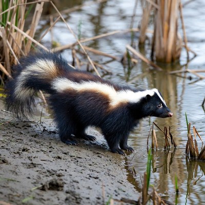 Skunk walking by water reeds