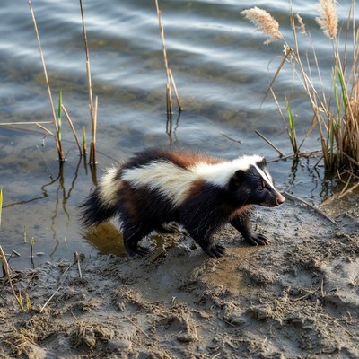 Skunk walking near lake shore
