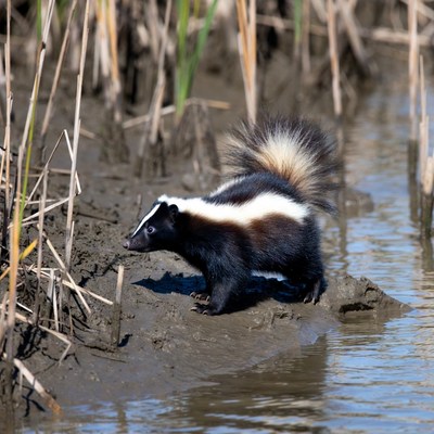 Skunk in marsh reeds