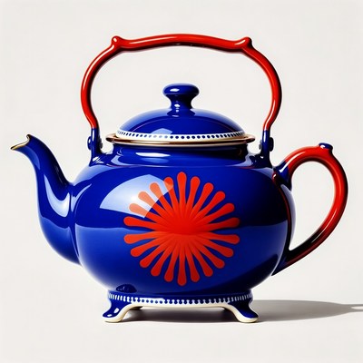 Blue Teapot with Red Handle and Sunburst