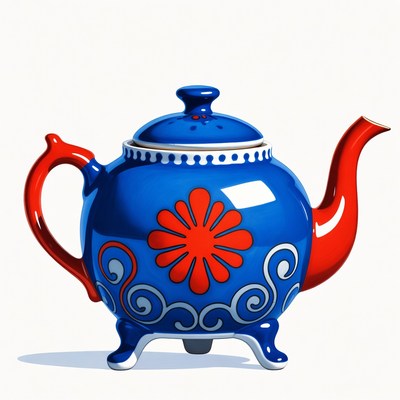 Blue Teapot with Red Spout and Flower