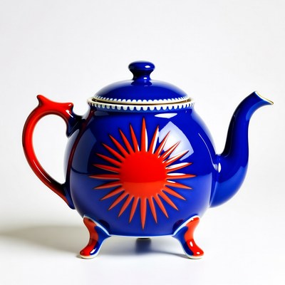Blue Teapot with Red Sun Design
