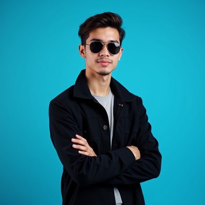 Asian man in sunglasses arms crossed