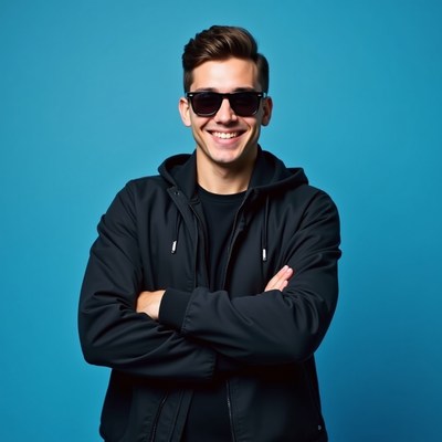 Smiling young man in sunglasses and hoodie