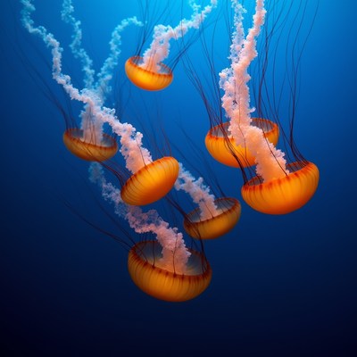Orange Jellyfish Floating in Deep Blue Ocean