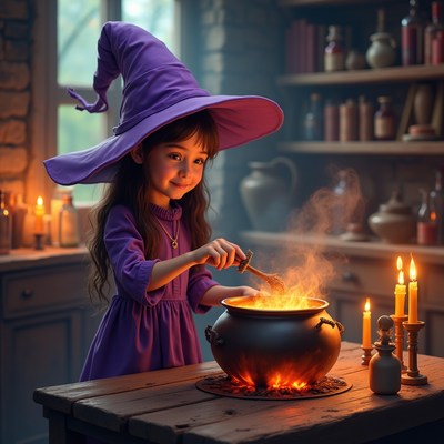 Girl stirring witch potion in cauldron
