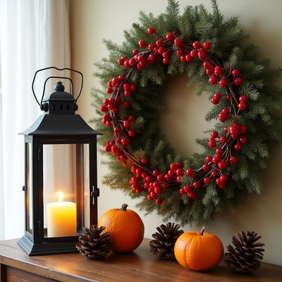 Christmas Wreath with Lantern and Pumpkins