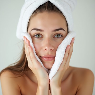 Woman holding white towel to face