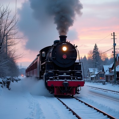 Steam train in snowy landscape