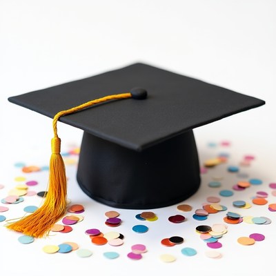 Black graduation cap with tassel and confetti