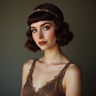 Woman with 1920s bob haircut and headband