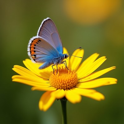 Blue butterfly on yellow daisy