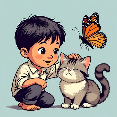 Boy petting cat with butterfly