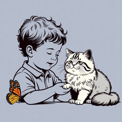 Boy petting cat with butterfly