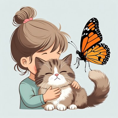 Girl hugging cat with butterfly