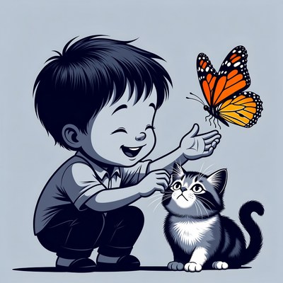 Boy reaching for butterfly with kitten