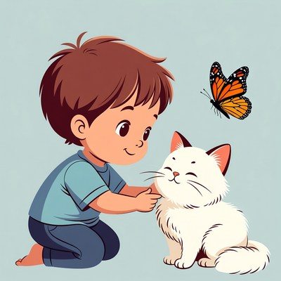 Boy petting white cat with butterfly