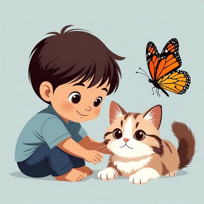 Boy petting kitten with butterfly