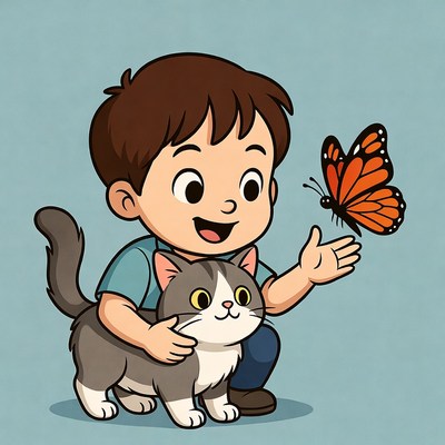 Boy holding cat reaching for butterfly