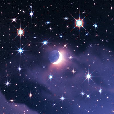 Crescent Moon and Stars in Night Sky
