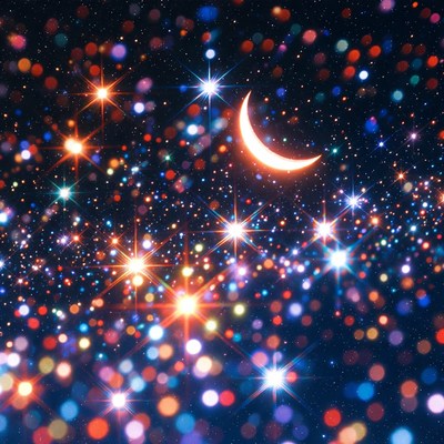 Glowing Crescent Moon in Starry Bokeh Sky