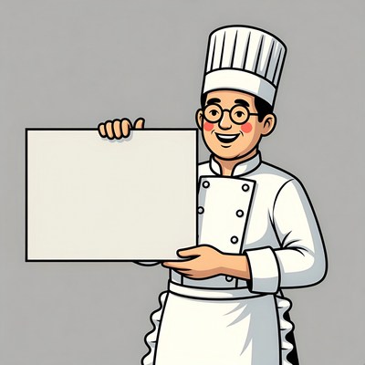 Cartoon Asian chef holding blank sign