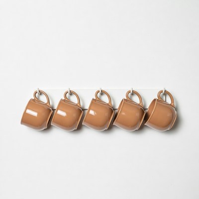 Five Brown Mugs Hanging on Rack