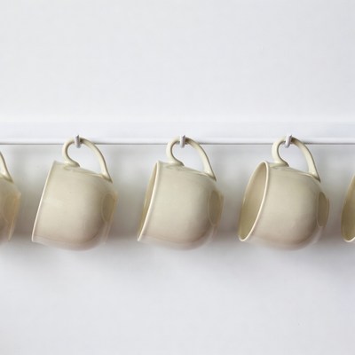 White Mugs Hanging on Rack