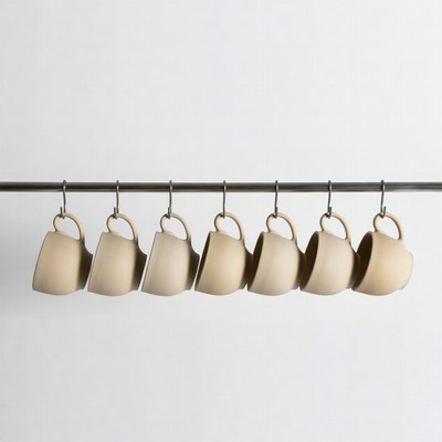 Beige Mugs Hanging on Rack