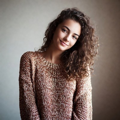 Smiling woman with curly hair in sweater